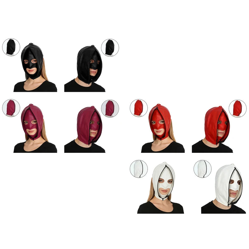 Full Face Leather Mask with Zipper & Lace-Up Adjustable Headgear for Cosplay & Parties