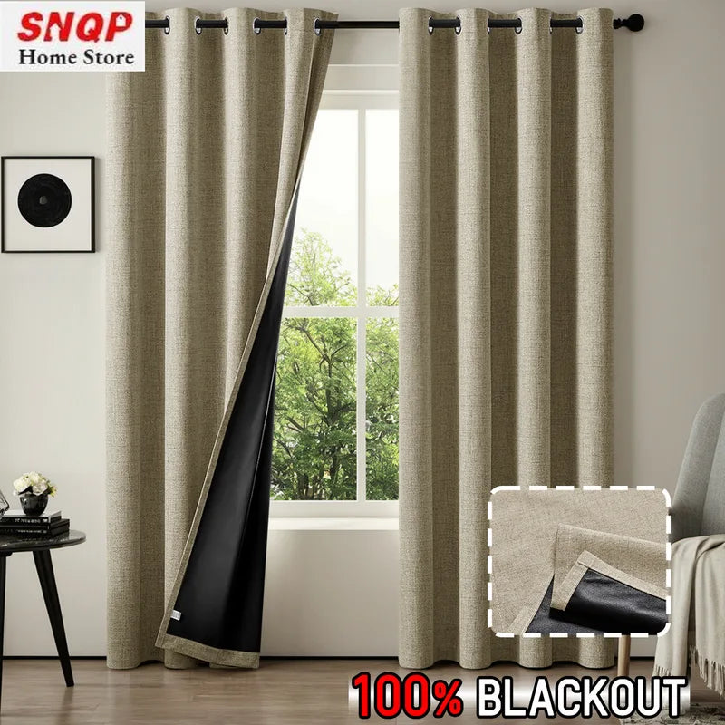 Blackout Cotton Linen Curtains for Living Room Bedroom Insulated Window Drapes