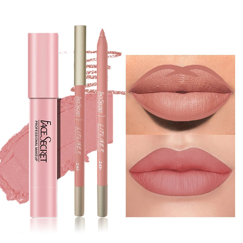 Matte Lipliner & Lipstick Set Waterproof Long Lasting Lip Makeup with Soft Color
