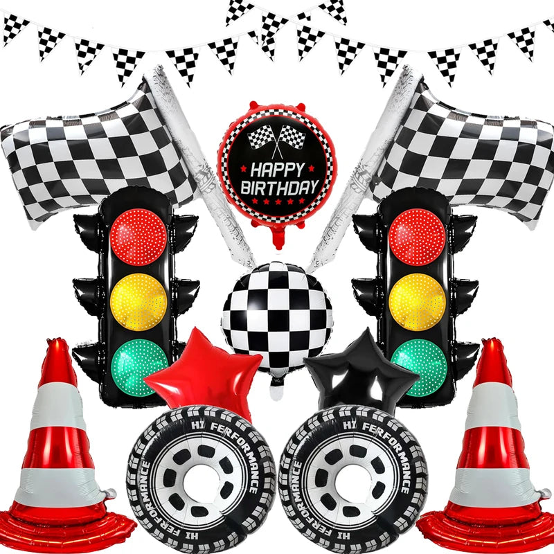 Race Car Birthday Decoration Balloon Set with Traffic Lights, Tires & Checkered Pennant for Kids Party