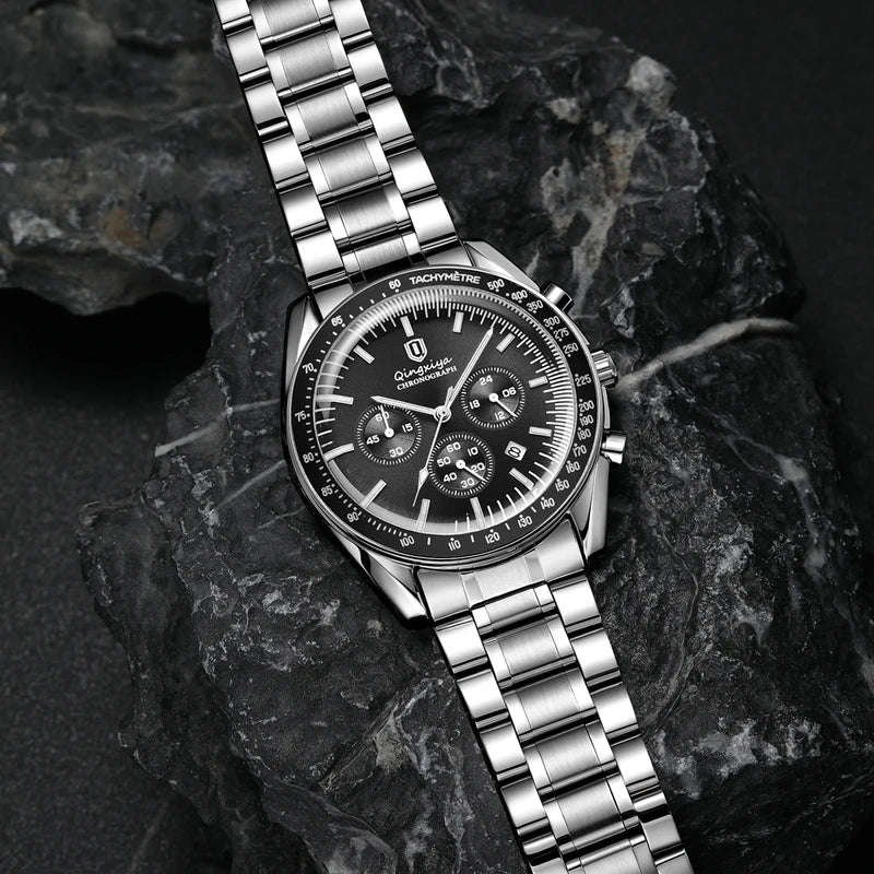 Men's Waterproof Quartz Watch with Luminous Dial and Stainless Steel Band