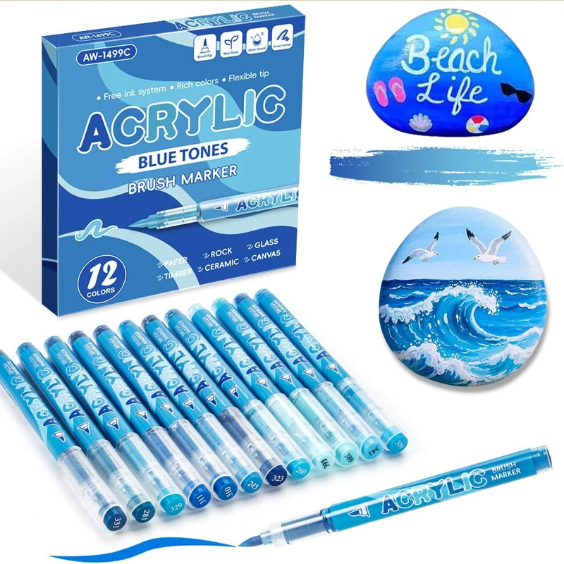 12-Pack Soft Tip Acrylic Paint Markers for Rock Glass Canvas Art - Waterproof & Quick-Dry