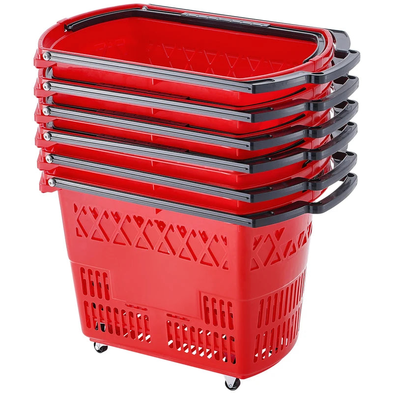 6-Pack Heavy-Duty Shopping Baskets with Wheels - 39L Capacity, Portable Grocery Carts