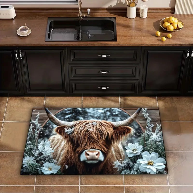 Highland Cow and Floral Pattern Non-Slip Kitchen Mat - Home Decor