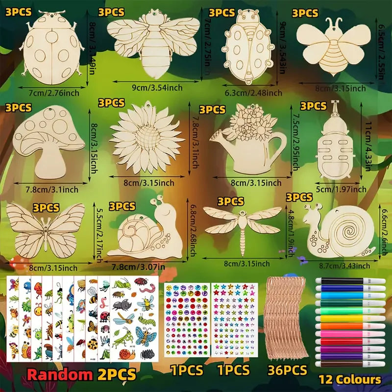 Kids Wooden Craft Kit with Paint Pens and Stickers - DIY Plant & Insect Shapes for Family Art & Garden Decor