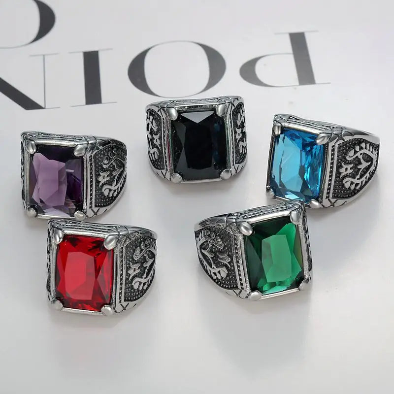 Men's Silver Signet Ring with Semi-Precious Stones - Stainless Steel Jewelry
