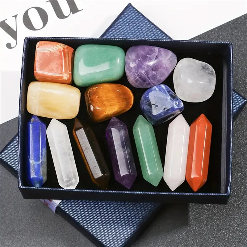 14-Piece Crystal Chakra Healing Stones Set with Rose Quartz Hexagon Gems for Meditation & Bedroom Decor