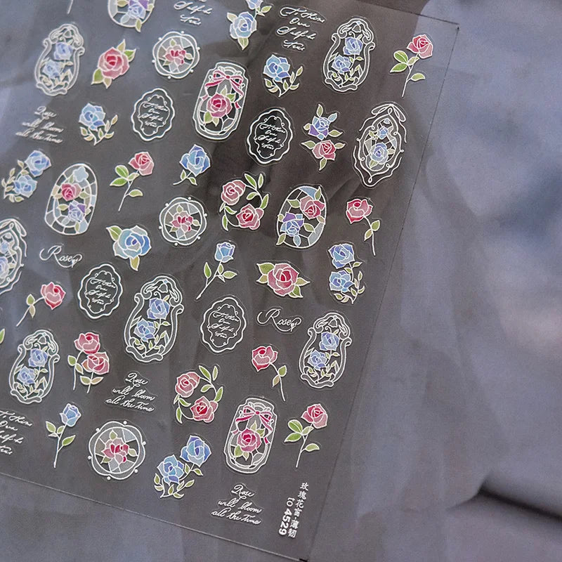 Luxury 5D Floral Nail Art Stickers with Crystals and Metal Frame - Self-Adhesive Manicure Decals