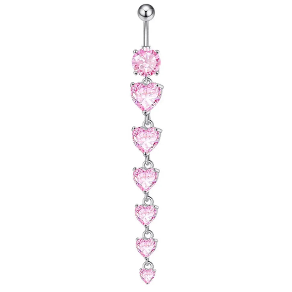 Pink Crystal Belly Button Ring with Butterfly Heart Pendant - Stainless Steel Navel Piercing for Women