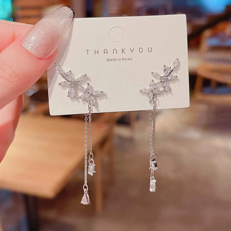 Summer Silver Plated Zircon Flower Earrings for Women - Trendy Tassel Jewelry