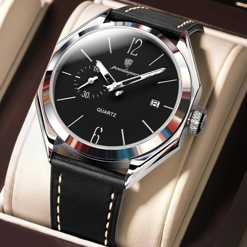 Men's Waterproof Leather Quartz Watch with Luminous Dial and Date Function