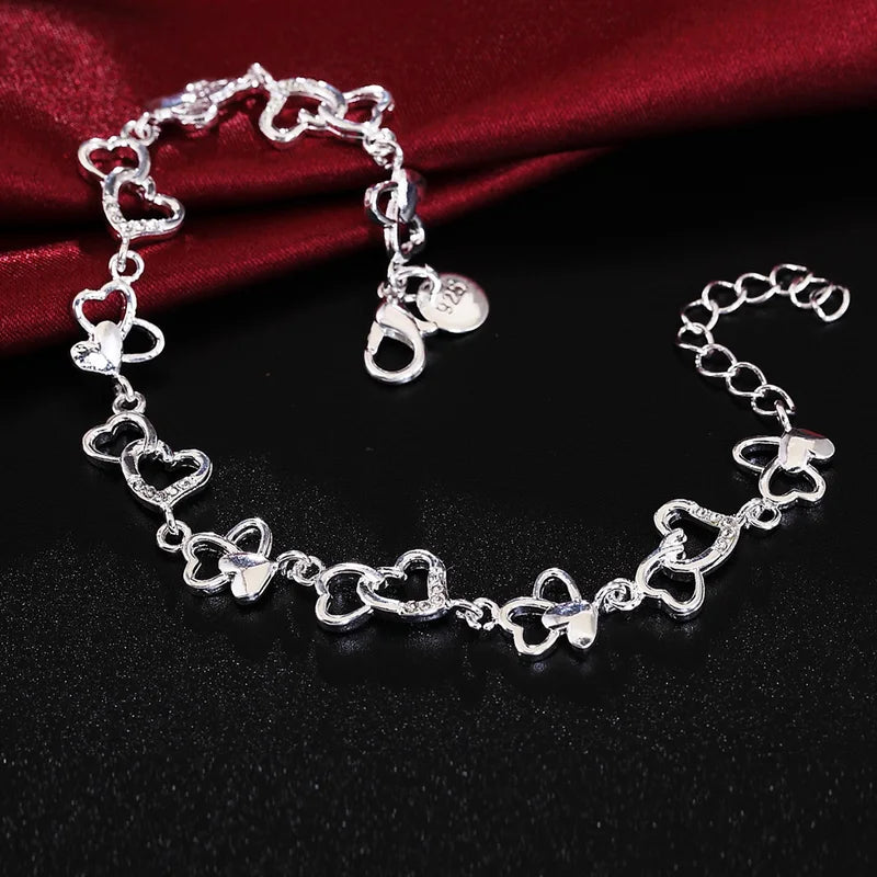 925 Sterling Silver Heart Flower Chain Bracelet for Women Jewelry