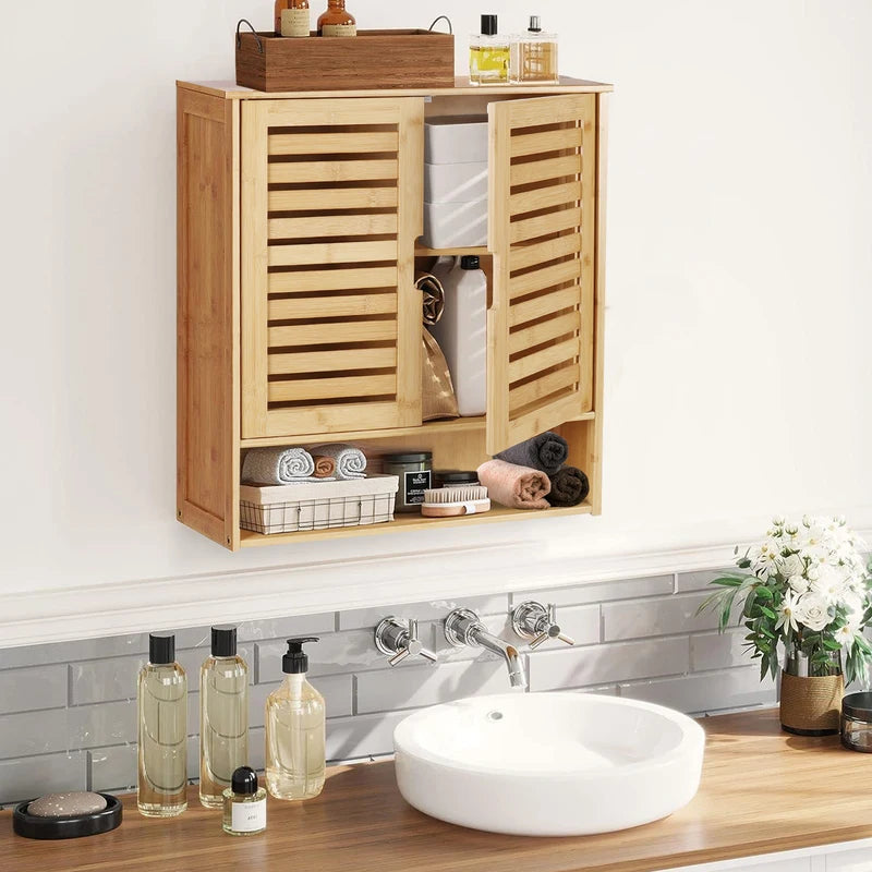 Wall Mounted Bamboo Bathroom Storage Cabinet with Shelves and Organizer Rack
