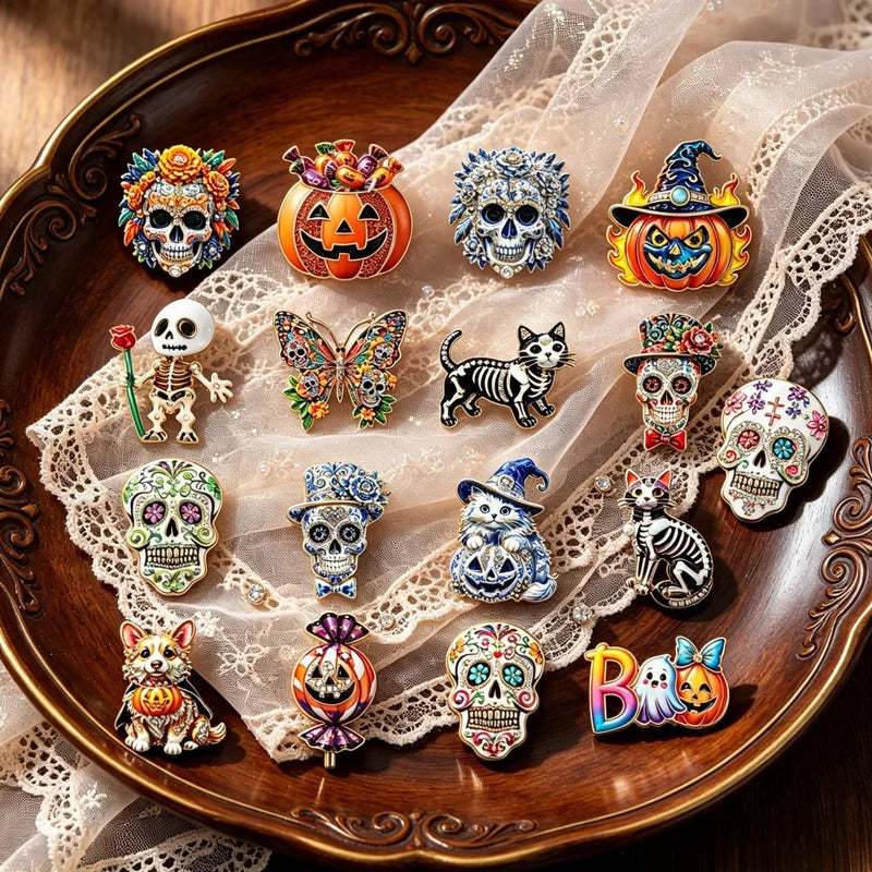Halloween Sugar Skull Enamel Brooch Gothic Pumpkin Skeleton Cat Lapel Pin Jewelry Gift