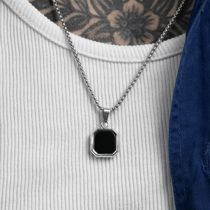 Men's Black Enamel Necklace with Geometric Square Dogtags - Stainless Steel, Anniversary Gift