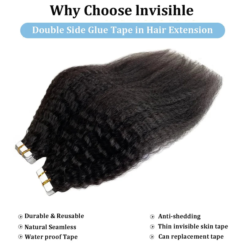 Kinky Straight Tape-in Hair Extensions 100% Human Hair Brazilian Natural Black