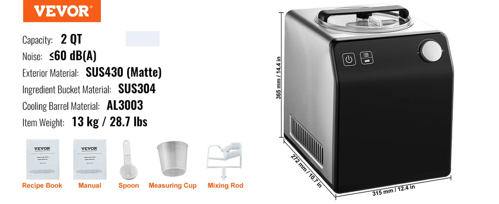 Upright Automatic Ice Cream Maker 2 Quart with Built-in Compressor No Pre-freezing