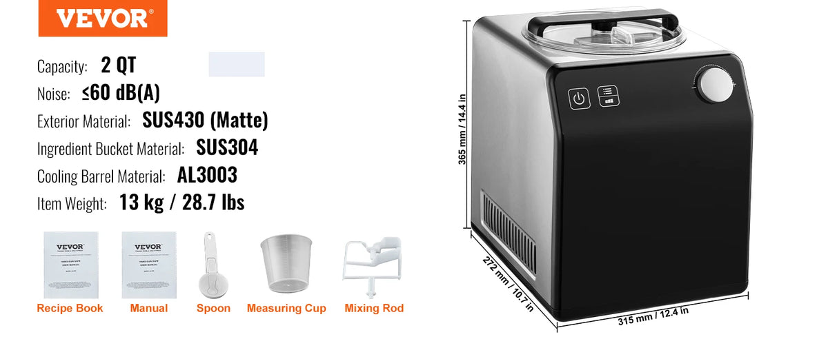 Upright Automatic Ice Cream Maker 2 Quart with Built-in Compressor No Pre-freezing