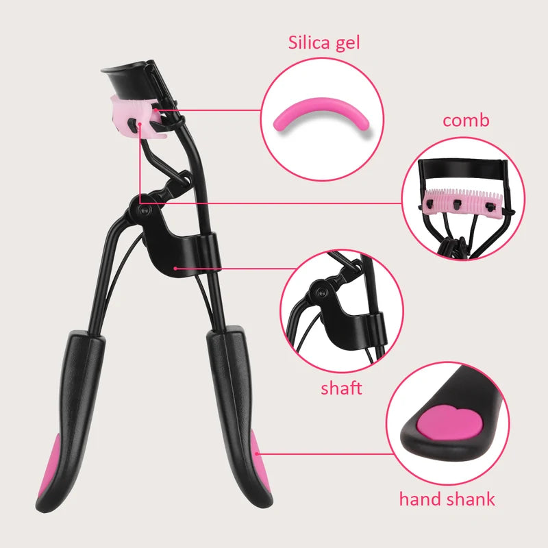 Portable Eyelash Curler with 10 Silicone Pads & Spiral & Eyebrow Comb - Gentle Lash Care