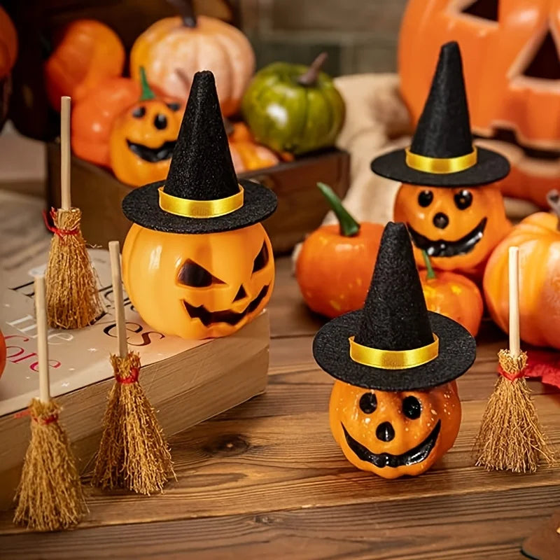 12pcs Mini Witch Hat and Broom Set Halloween DIY Decorations Party Accessories