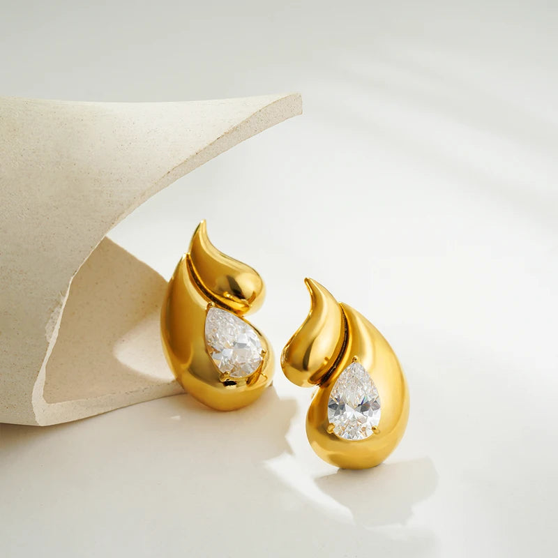 Gold Chunky Double Teardrop Earrings with Clear Crystals for Women