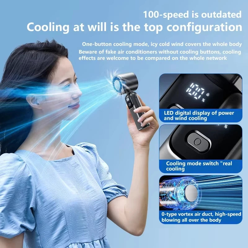 Portable Handheld Cooling Fan with Ice Technology - 100 Speeds, Foldable & Hangable for Outdoor Use
