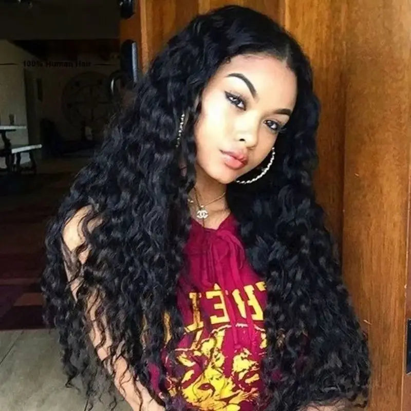 Women Black Water Wave Wig with Big Curly Middle Part - Fluffy Synthetic Full Wig
