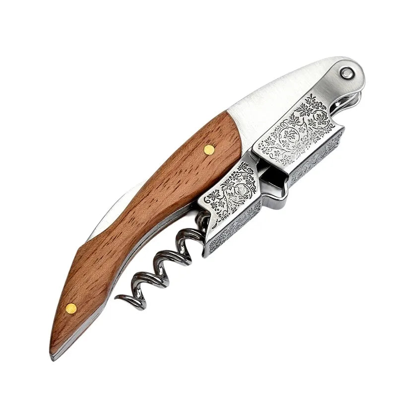Professional Waiters Corkscrew with Ergonomic Wooden Handle and Bottle Opener