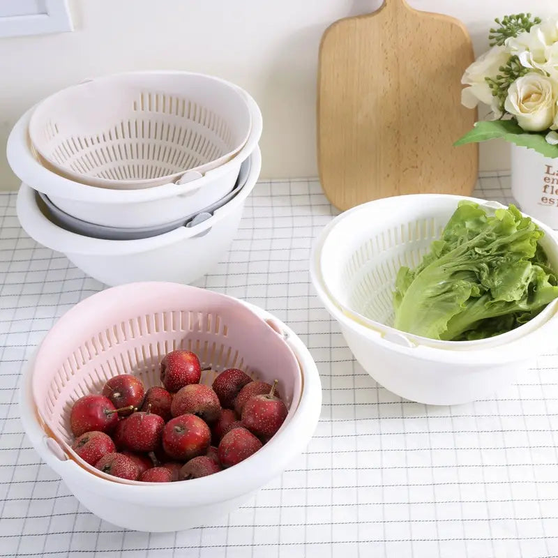 Removable Double Layer Fruit and Vegetable Draining Basket - Rotating Kitchen Basin