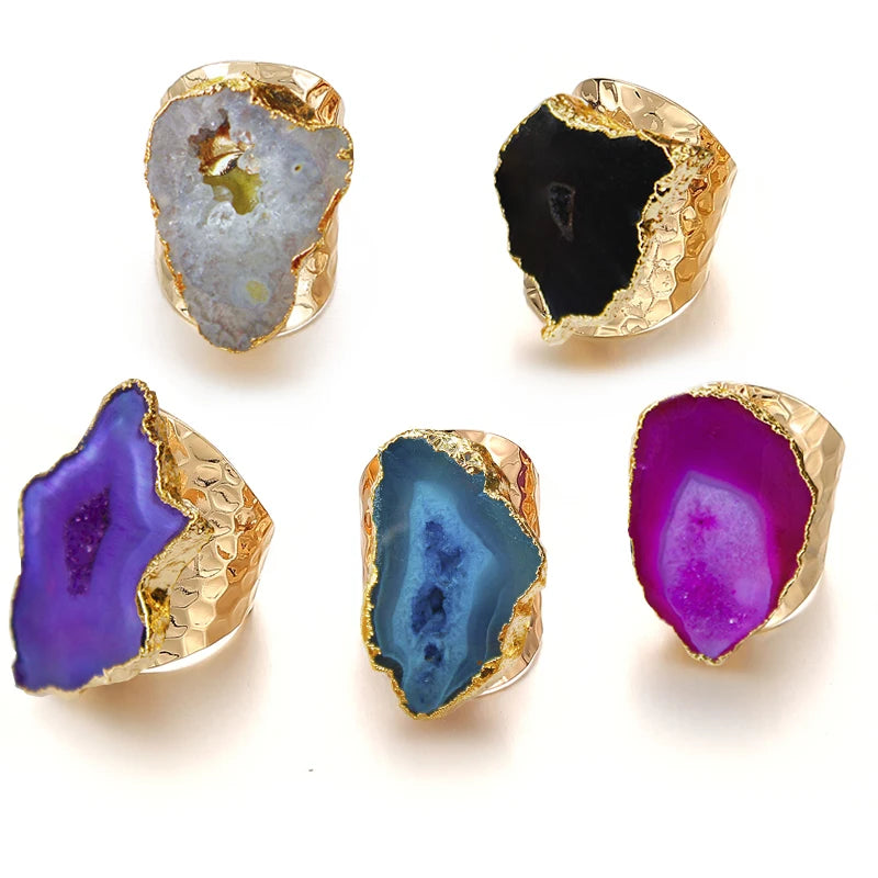 Natural Agate Stone Wide Open Adjustable Ring for Women Boho Jewelry