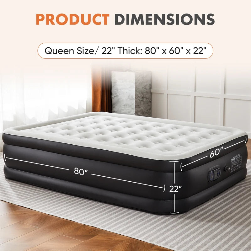 Queen Air Mattress with Built-in Pump, 22 Inch Tall Inflatable Bed for Camping & Home