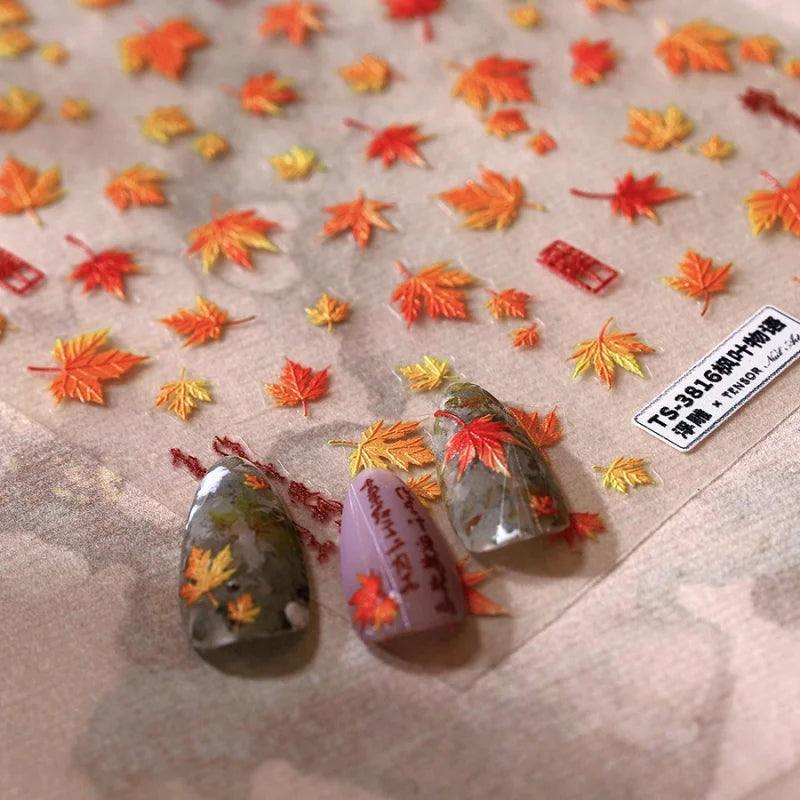Autumn Maple Leaf Nail Art Stickers - 5D Relief Shiny Golden Jelly Decals for Manicure