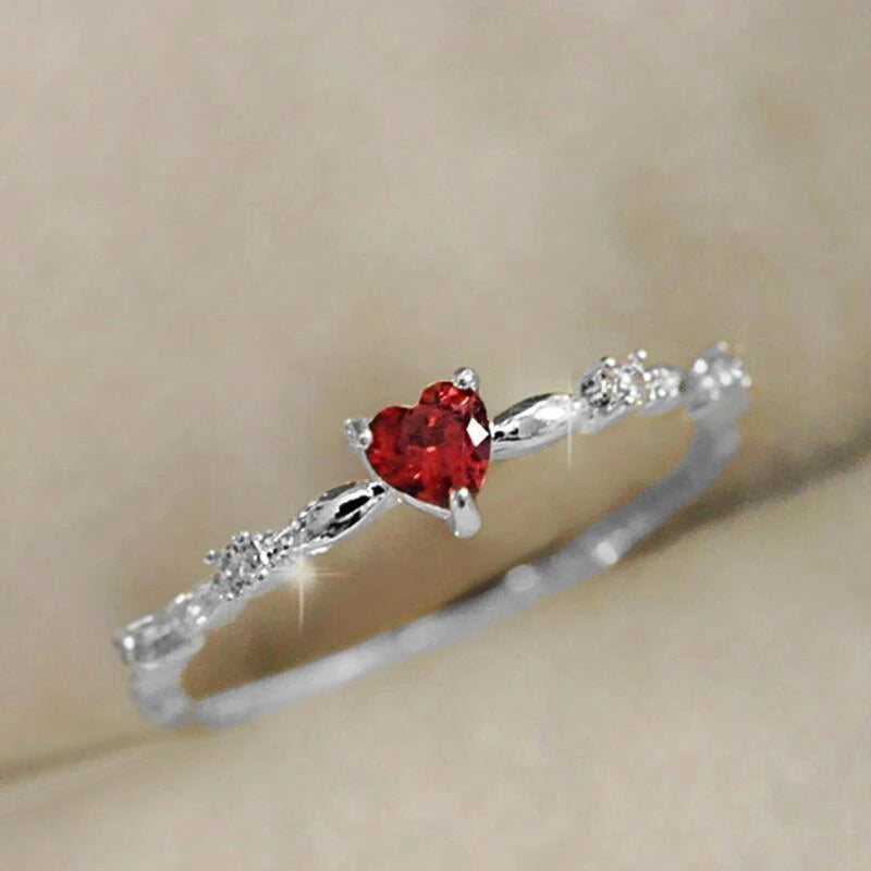 Red Love CZ Engagement Ring for Women Thin Band Aesthetic Jewelry Gift