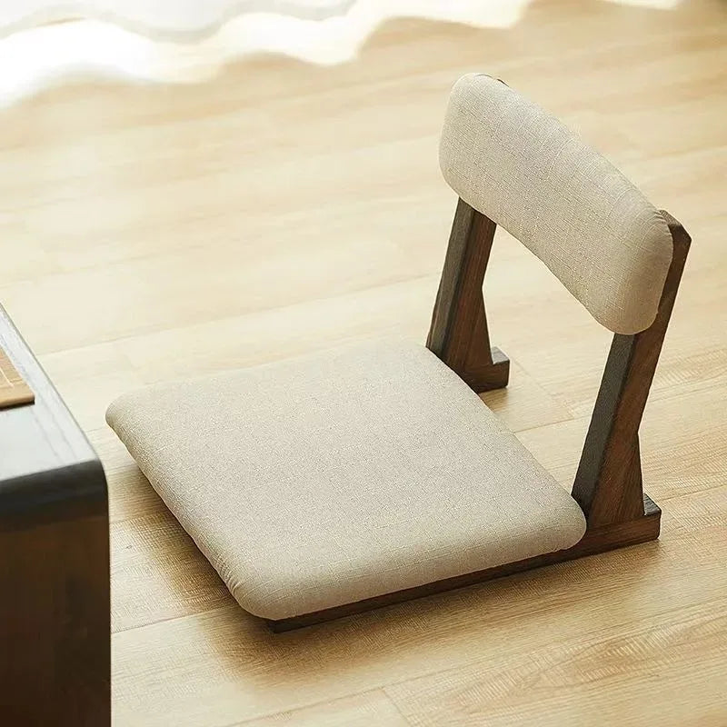 Japanese Style Wooden Tatami Chair with Backrest and Sponge Cushion - Low Lazy Stool
