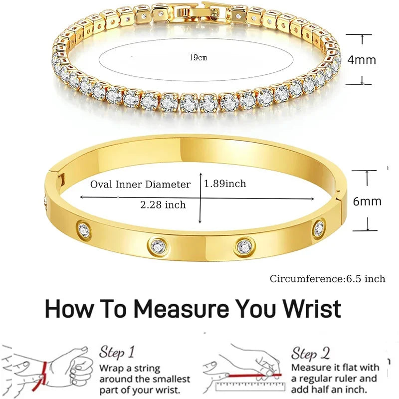2-Piece Gold Plated Tennis Bracelets for Women - Dainty Love Bangle Set with Cubic Zirconia