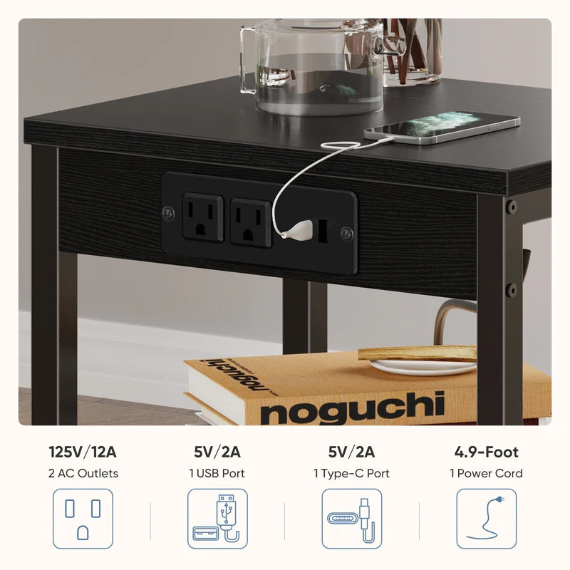 3-Tier Small Side Table with Charging Station - Adjustable Nightstand for Living Room & Bedroom
