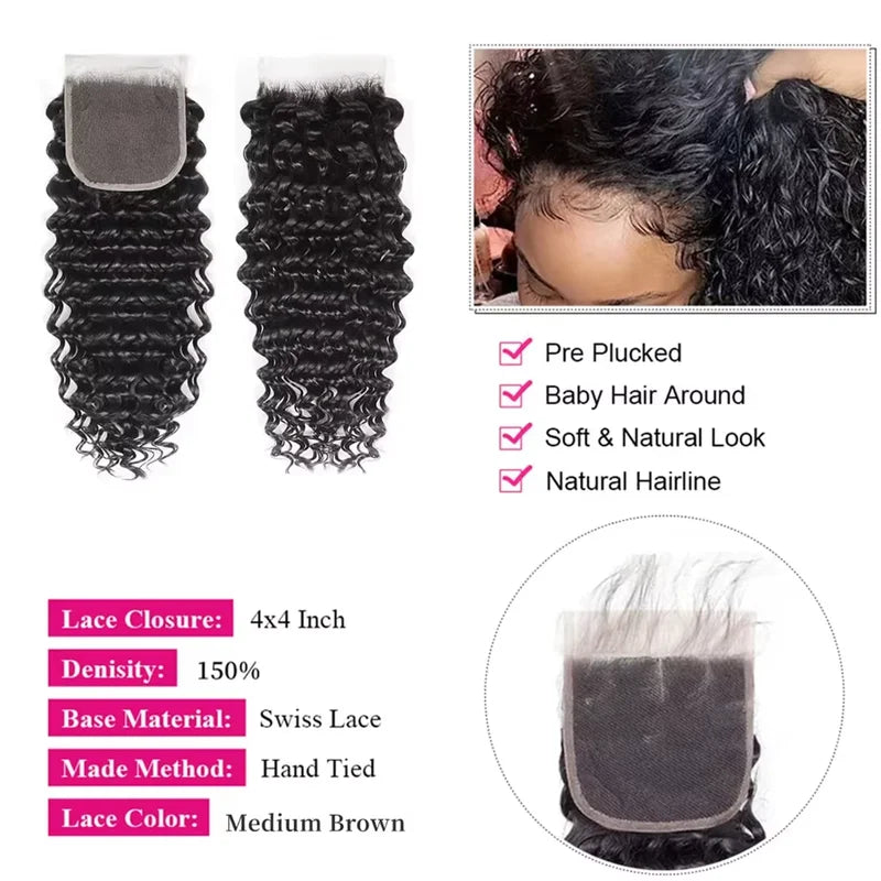 Deep Wave Human Hair Bundles with Closure - Burmese 3/4 Bundles & HD Lace Frontal