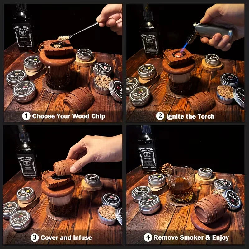 Whiskey Smoker Infuser Kit with Wood Chips - Premium Cocktail Set for Bourbon Drinks, Multiple Flavors, Men’s Gift