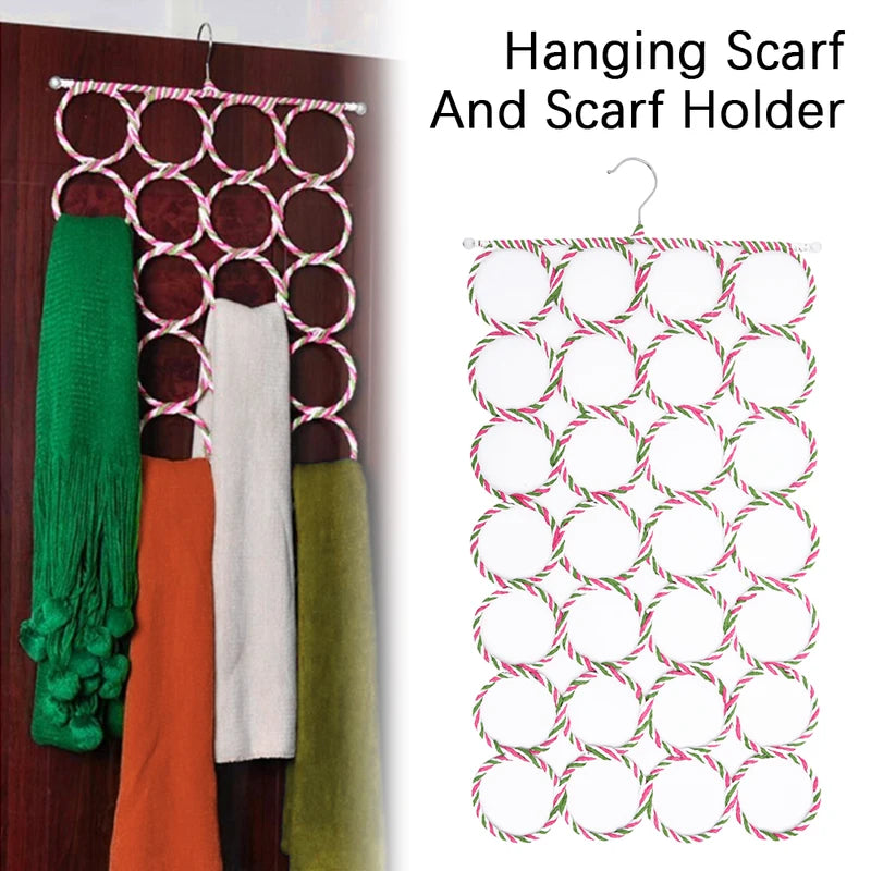 Foldable Scarf Organizer Rack with 28 Rattan-Weave Rings for Wardrobe & Display