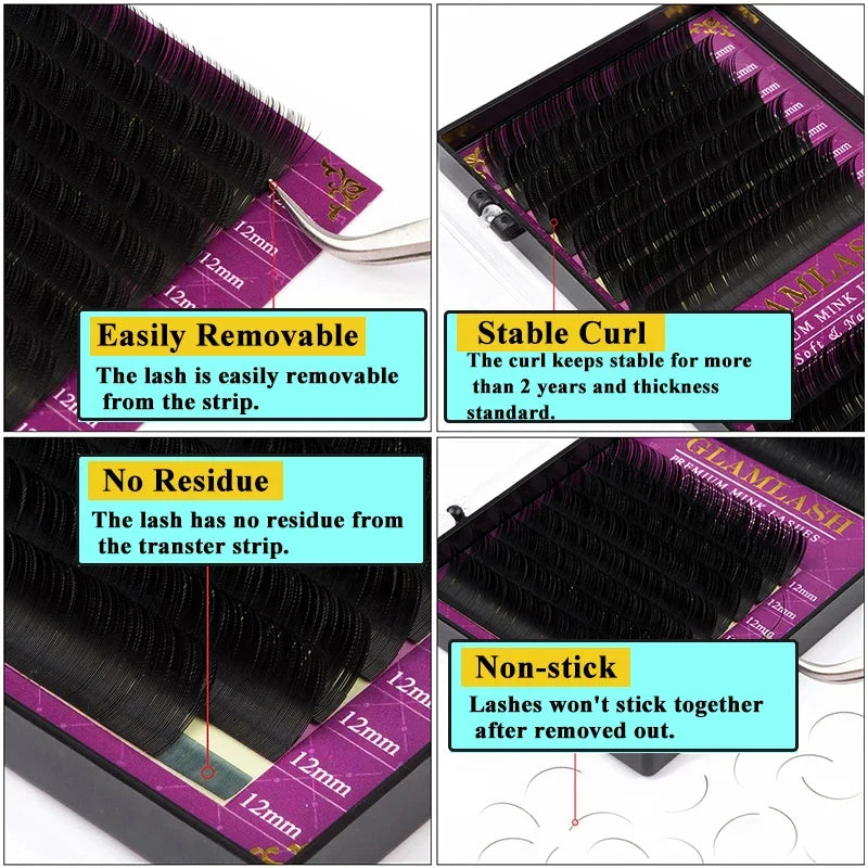 Eyelash Extension Mink False Lashes - Natural Curl, 16 Rows, Multiple Sizes & Thicknesses