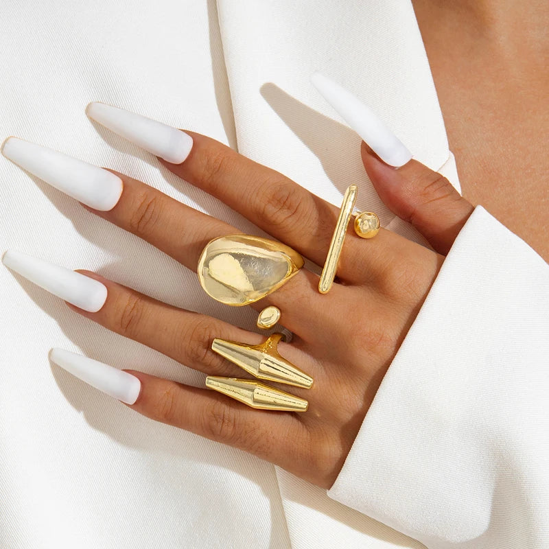 Trendy Geometric Gold Silver Color Adjustable Ring Set for Women Party Wedding Jewelry