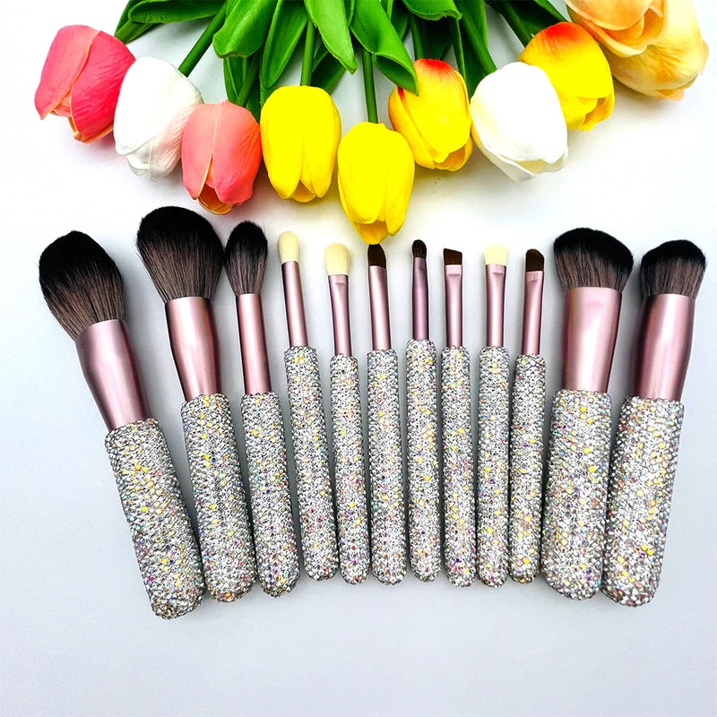 12 Piece Makeup Brush Set with Rhinestones - Face, Eye, Foundation, Blending Tools