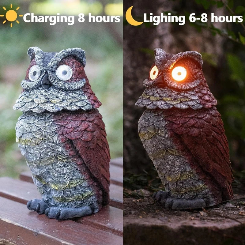 Solar Owl Garden Statue with Glowing Eyes Outdoor Decor Resin Sculpture