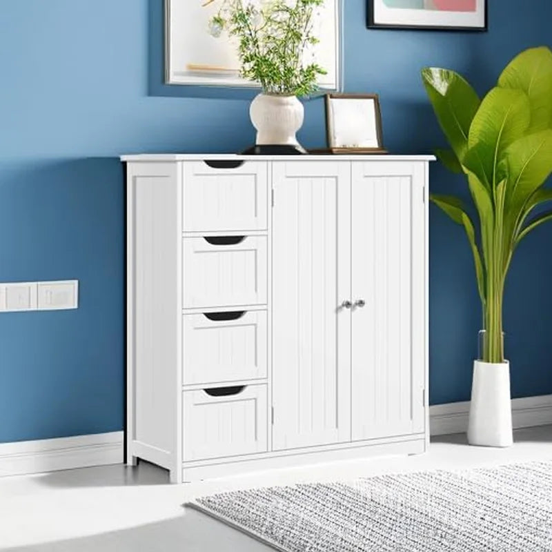 Wooden Bathroom Floor Cabinet with 4 Drawers & Double Doors, White Freestanding Storage Organizer