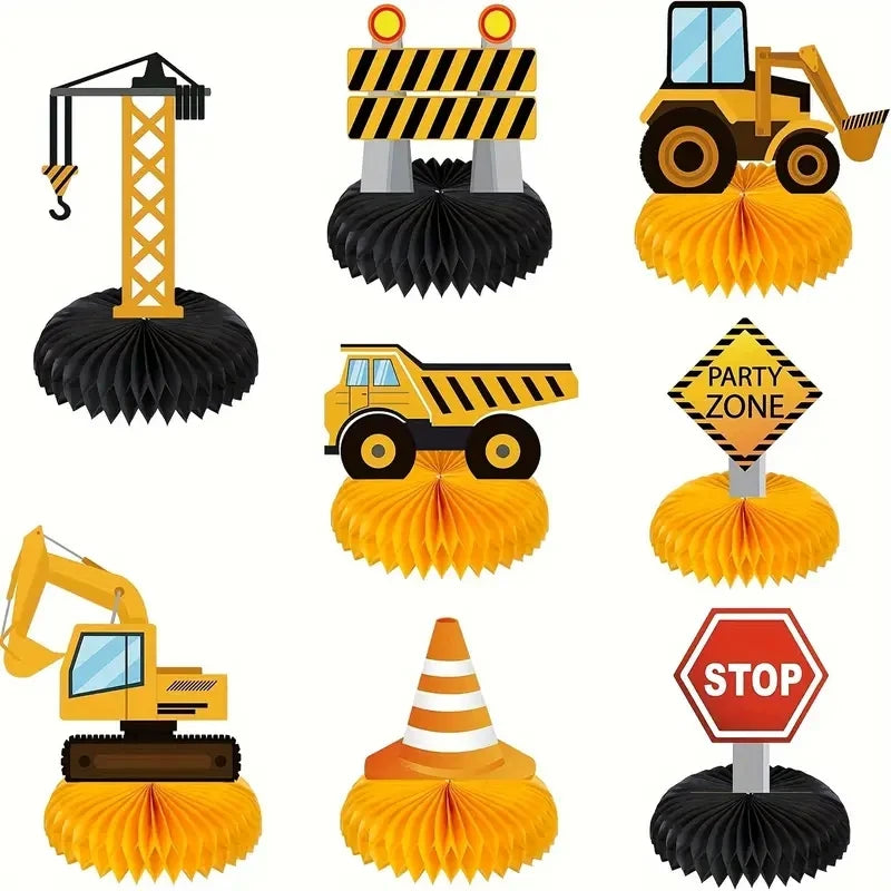 8-Pack Honeycomb Table Decorations for Party, Vehicle Excavator Design