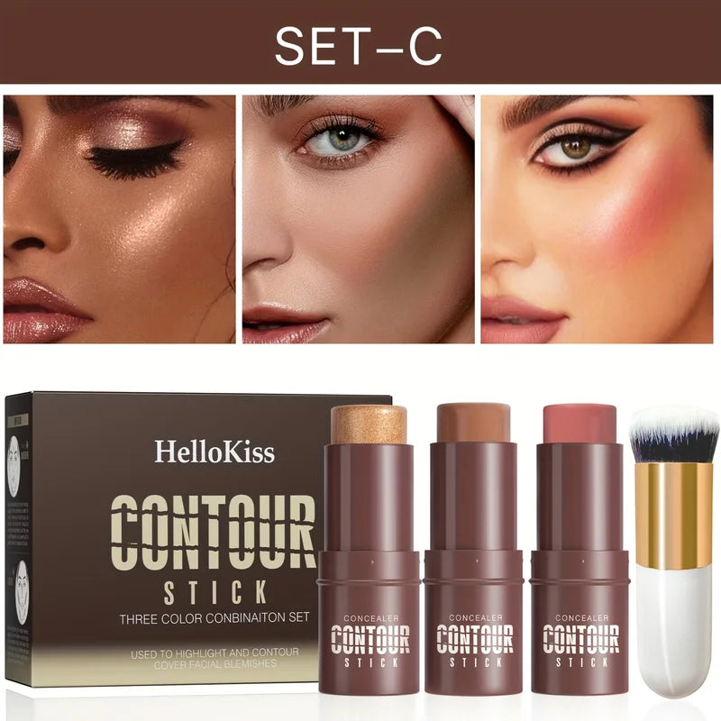 4-Piece Cream Contour and Blush Stick Kit with Contour Brush - Non-Greasy Face Makeup