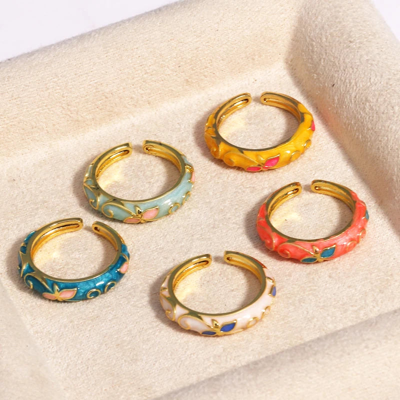 Vintage Enamel Flower Adjustable Ring for Women Wedding Jewelry