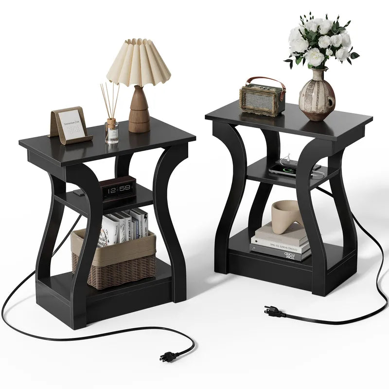 Living Room Side Table with Charging Station 3-Tier Storage Nightstand - Black & Grey