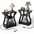 Living Room Side Table with Charging Station 3-Tier Storage Nightstand - Black & Grey