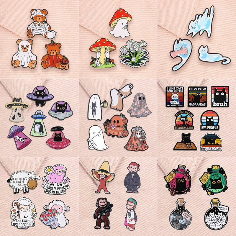 Halloween Ghost Enamel Pin Set - Punk Pumpkin, Space Cat, Mushroom, Frog, Animal Brooches for Costume & Gift